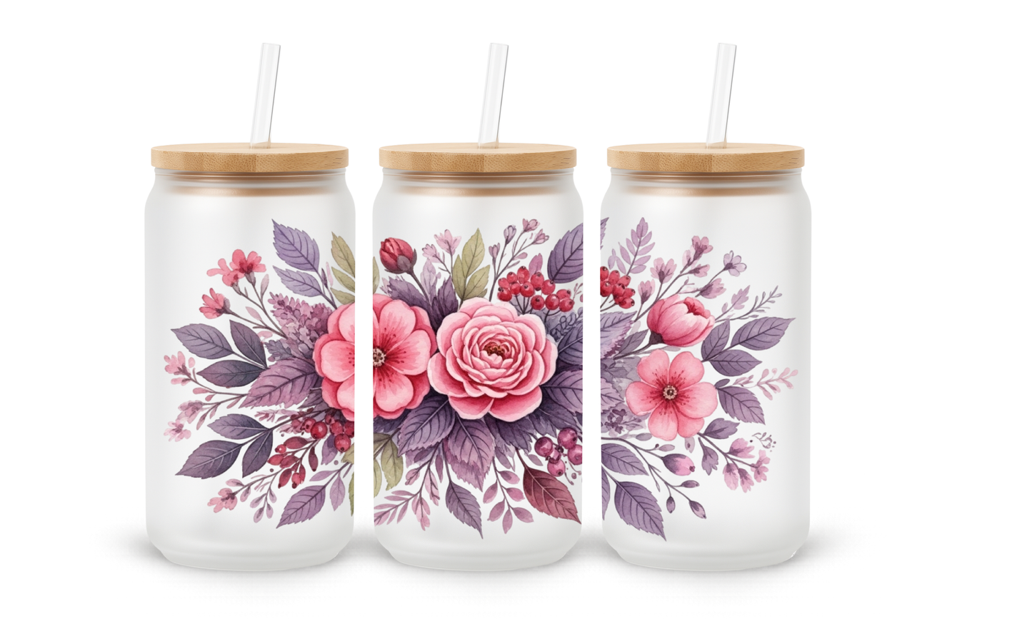 Vintage Pink and Purple Flowers - 18oz Glass Can Tumbler