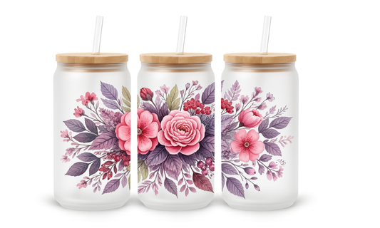 Copo de Vidro com Padrão de Flores Cor-de-rosa e Roxo Vintage - 530ml