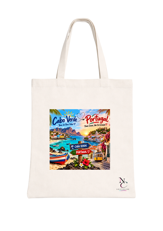 Cabo Verde to Portugal Link, Ilhas de Boa Vida, Duas Casas, Um Só Coração – Hello Africa Collection – Printed Tote Bag