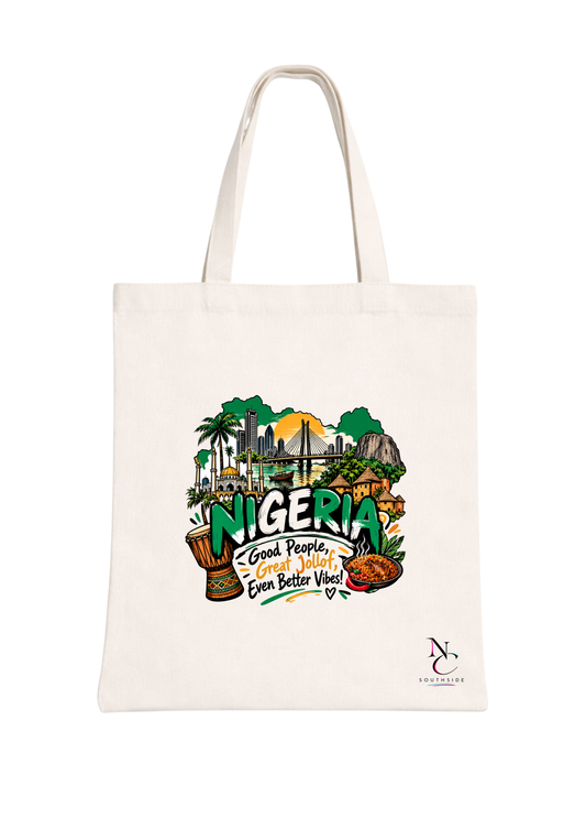 Nigeria Good People, Great Jollof, Even Better Vibes – Hello Africa Collection – Printed Tote Bag