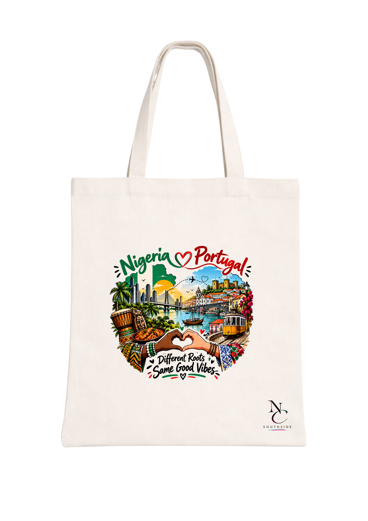 Nigeria to Portugal Link, Different Roots, Same Good Vibes – Hello Africa Collection – Printed Tote Bag