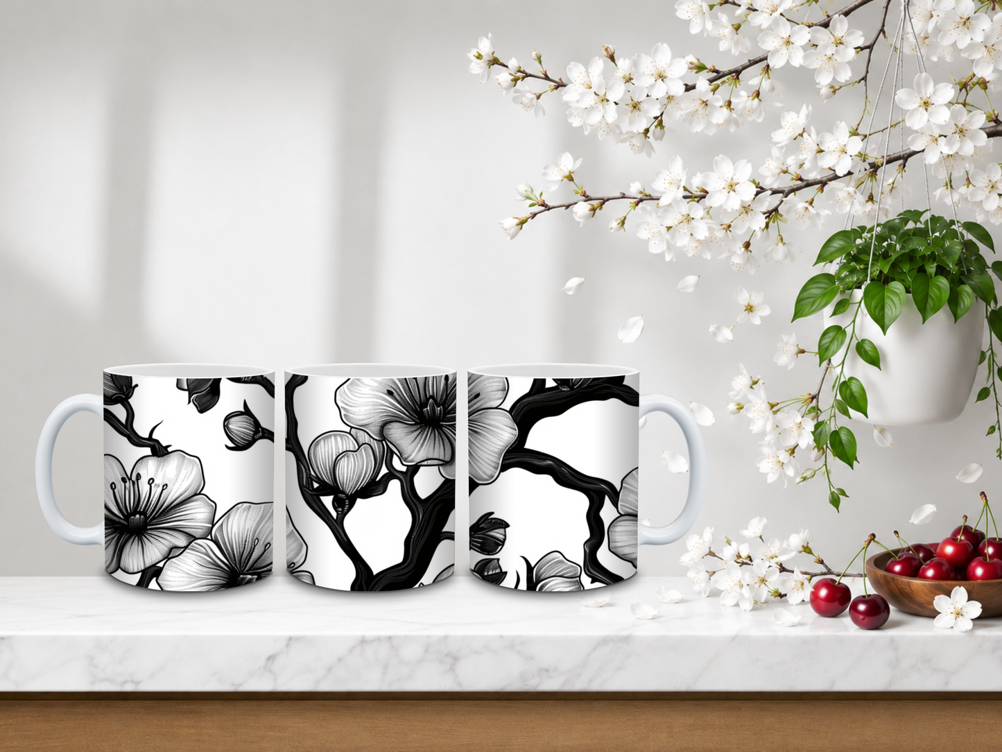 Monochrome Blossom Art – 11oz Ceramic Coffee Mug 🍒