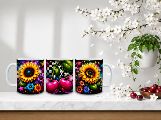 Midnight Cherry Sunburst – 11oz Ceramic Coffee Mug 🍒