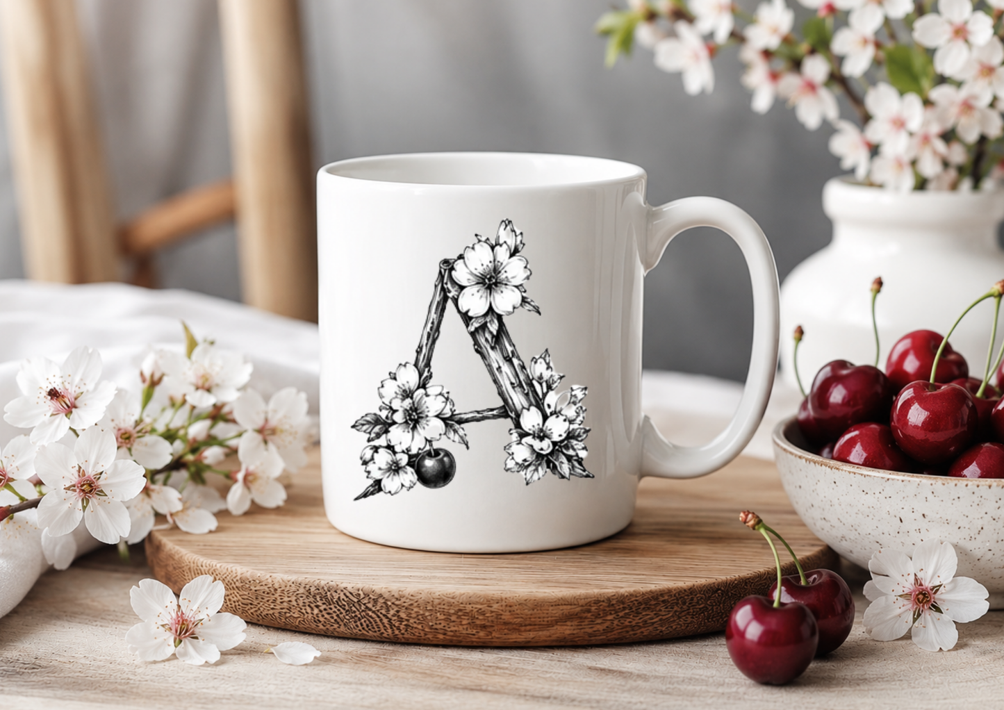 Monochrome Cherry Blossom Initial A to Z – 11oz Ceramic Coffee Mug 🍒
