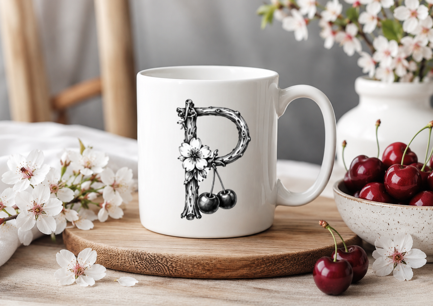 Monochrome Cherry Blossom Initial A to Z – 11oz Ceramic Coffee Mug 🍒