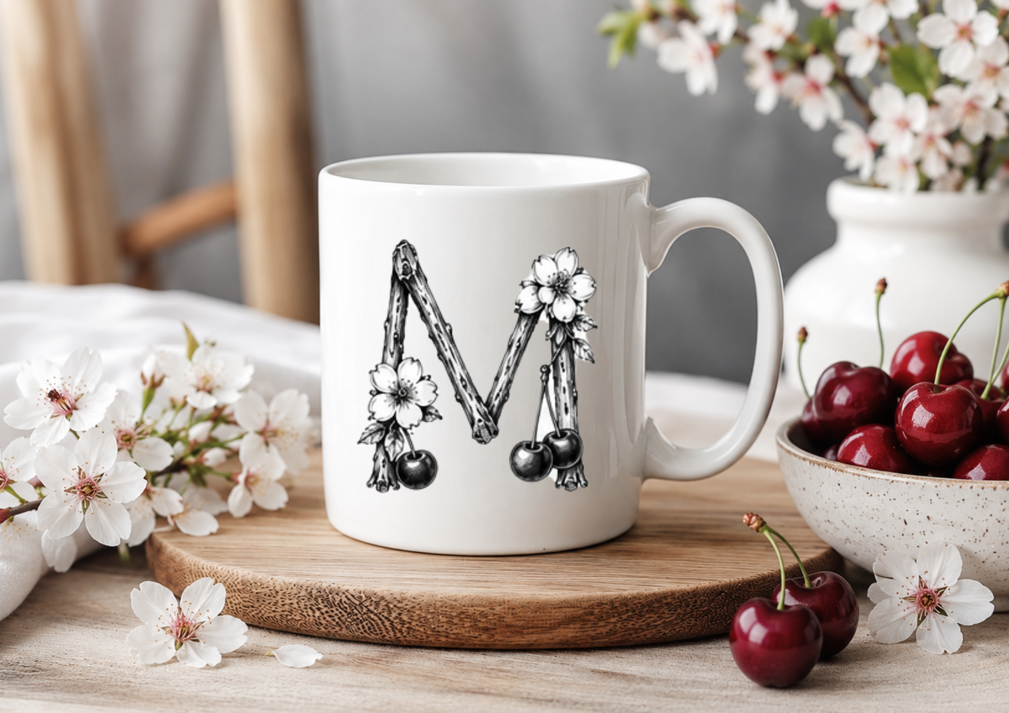 Monochrome Cherry Blossom Initial A to Z – 11oz Ceramic Coffee Mug 🍒