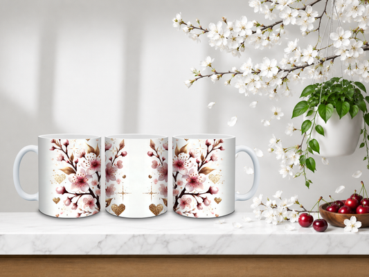 Golden Heart Cherry Blossom – 11oz Ceramic Coffee Mug 🍒