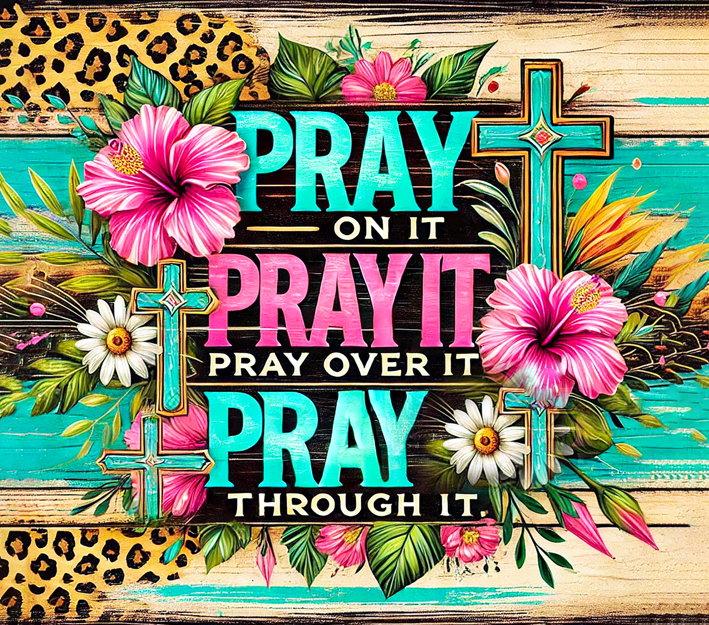 Copo Térmico Aço Inoxidável 20oz - Cruz Floral de Leopardo "Pray On It"