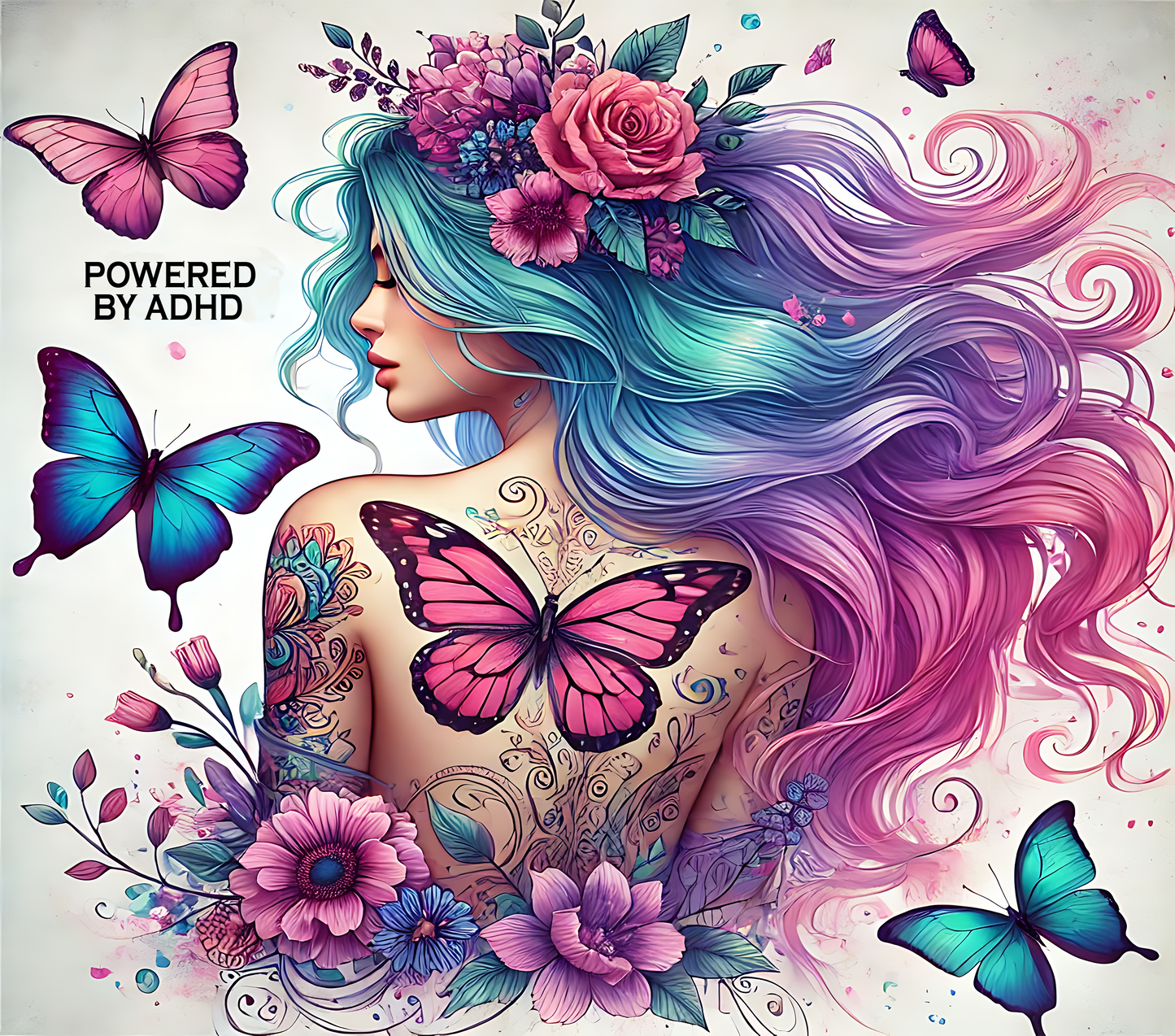 Powered by ADHD Floral Butterfly – 20oz Stainless Steel Insulated Tumbler